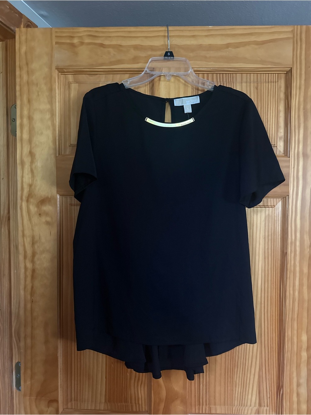 Michael Kors Black Short-Sleeve Blouse with Gold Neck Bar